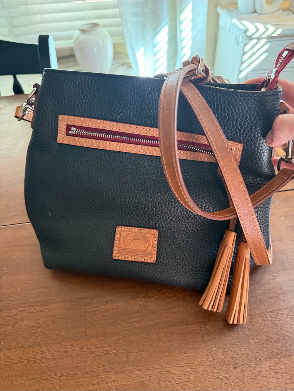 Dooney & Bourke Black Pebbled Leather Crossbody with Tan Trim and Red Zip